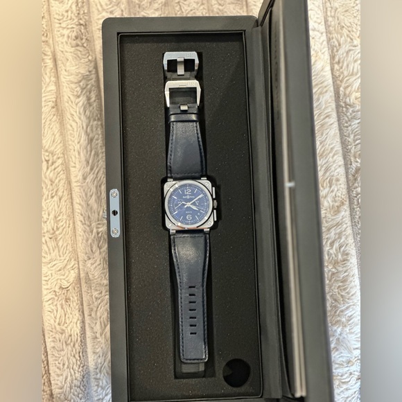 BELL & ROSS BR03-94 Blue Steel Watch Automatic Chronograph 42mm Leather Band - Picture 2 of 9